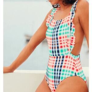 Aerie Gingham Colorful Plaid Ruffle Apron Style One Piece Bathing Suit Sz L